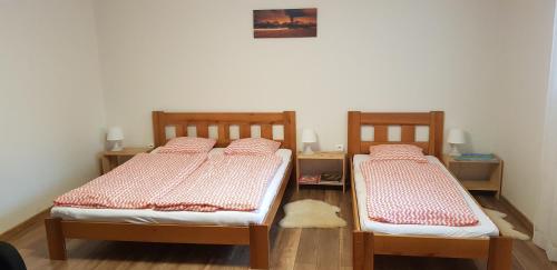 2 aparte bedden in een kamer met houten vloeren bij Apartmán Krajčer in Gerlachov