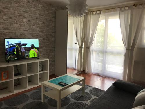a living room with a couch and a tv at Apartament Sloneczny Taras in Olsztyn