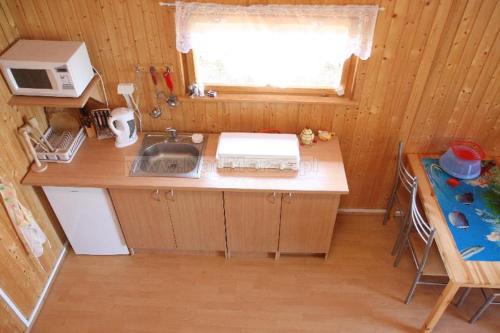 a small kitchen with a sink and a microwave at Domki u Karasia in Rusinowo