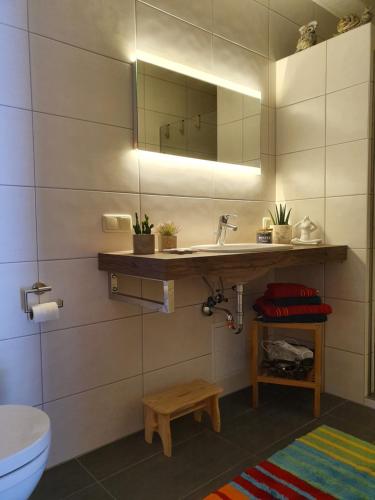 ツィノヴィッツにあるFerienwohnung Paulのバスルーム(洗面台、鏡付)