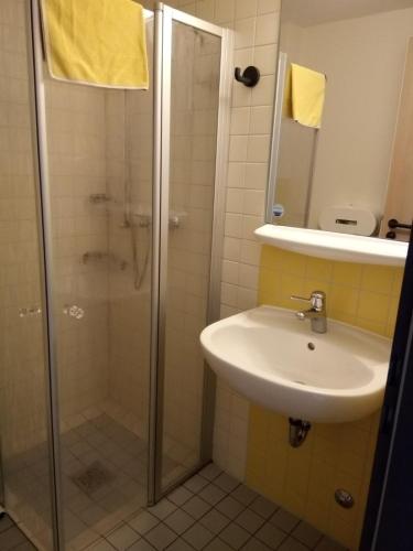 a bathroom with a shower and a sink at Jugendherberge Glückstadt in Glückstadt