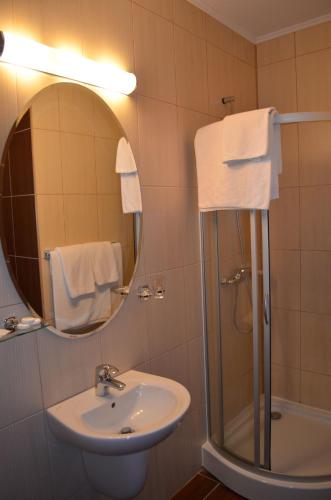 a bathroom with a sink and a shower and a mirror at Pensiunea Magura in Baia Mare
