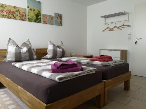 2 Betten mit Kissen auf einem Zimmer in der Unterkunft Privatzimmer Sonne in Bad Säckingen
