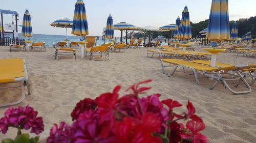 una playa con muchas mesas, sillas y sombrillas en Riviera Sea VillageApartments Golden sands, en Golden Sands