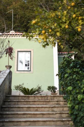a green house with stairs leading to a window at Casa Holstein Quinta de Sao Sebastiao Sintra in Sintra