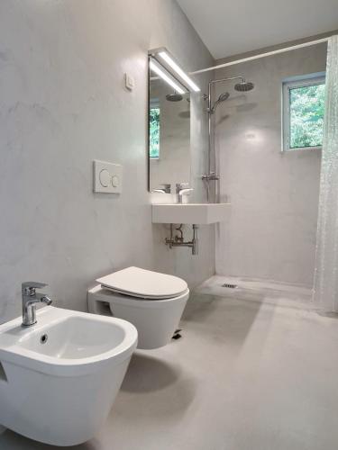 a white bathroom with a toilet and a sink at Apartments Terrarossa & House with pool in Fažana