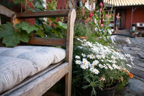 a wooden bench with flowers in a garden at Pension Holmegaard in Sandvig