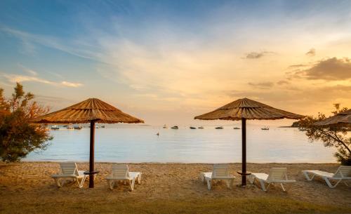 a group of chairs and umbrellas on a beach at Victoria Mobilehome in Padova Premium Camping Resort in Banjol