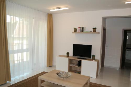 een woonkamer met een televisie en een tafel bij Holiday Apartman with Free Parking in Győr