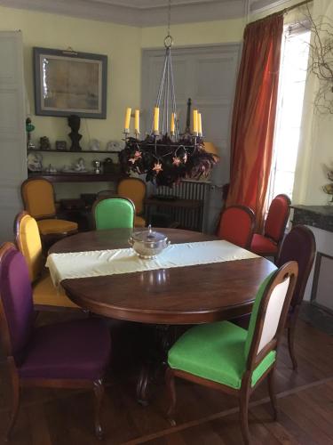 a dining room with a wooden table and chairs at Le Belvédère,double room in Bléré
