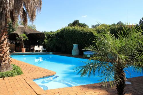 einen Pool im Garten mit Palmen in der Unterkunft Fin and Feather Guest Lodge in Boksburg