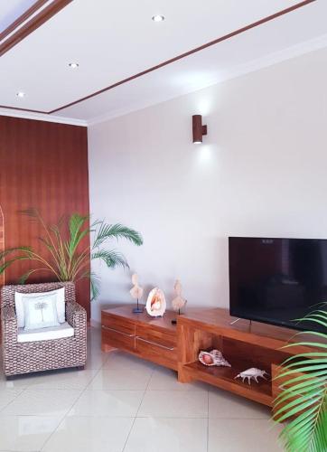 a living room with a flat screen tv and a chair at Calm Sorento in Glacis