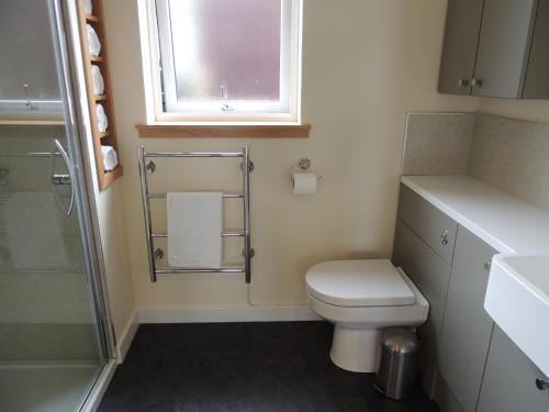 a bathroom with a toilet and a sink and a window at Heatherlea in Kirkwall