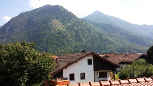 a house in front of a mountain with trees at Wellness Pension Hubertus in Marquartstein