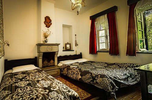 a bedroom with two beds and a fireplace at To Rodi in Papigko
