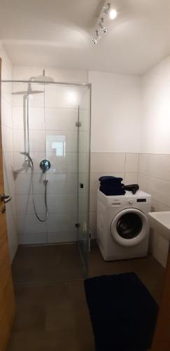 La salle de bains est pourvue d'une douche, de toilettes et d'un lavabo. dans l'établissement Barschtlerhof, à Axams
