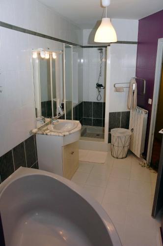 une salle de bain avec une baignoire, un lavabo et une douche dans l'établissement Maison Renaissance Monument Historique XV ème 1497, à Villefranche-de-Rouergue