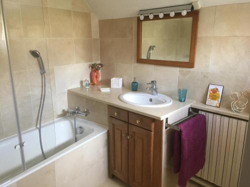 een badkamer met een wastafel, een bad en een spiegel bij La Musardine en Vexin in Omerville