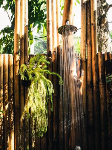 a bamboo fence with a shower with a plant at Lagoona Beach Bungalows - Eco Bungalows Batukaras in Batukaras