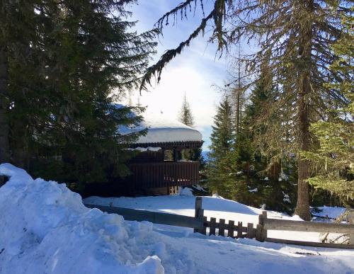 a snow covered gazebo with a fence and trees at Günther's Almhüttn in Arriach