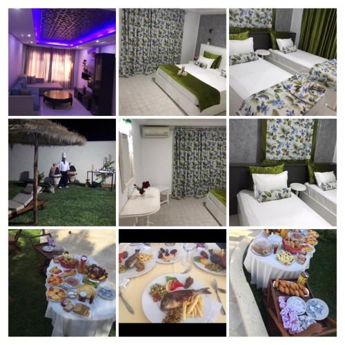 a collage of photos of a hotel room with food at Appartement Touta écologique familial in Ḩawmat al Badawīyīn