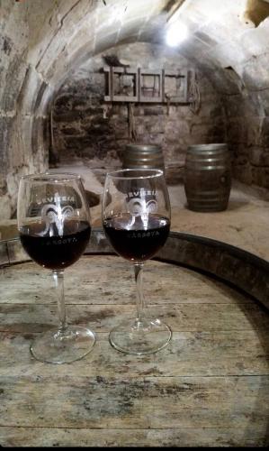 two glasses of wine sitting on top of a table at Casa Rural Cariño in Armañanzas
