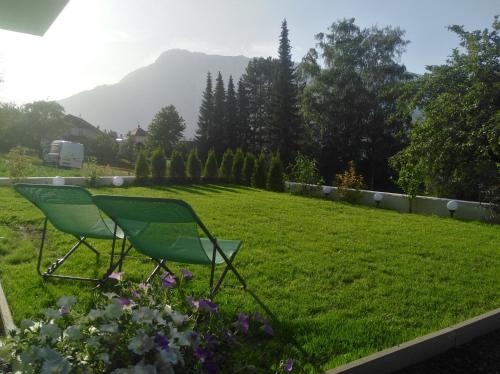 a green chair sitting in the grass in a yard at Living Apartment Maurer in Sautens