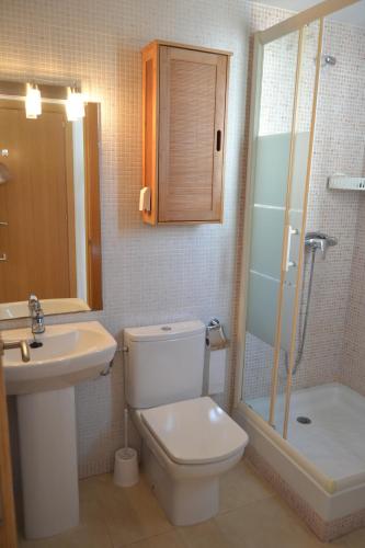 uma casa de banho com um WC, um lavatório e um chuveiro em Atico Mar y Montaña em Sant Carles de la Ràpita