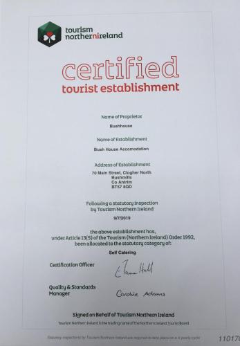 a document with the term certified tourist establishment at Bush House Accommodation - The Distillery in Bushmills