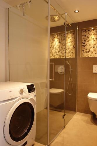 een wasmachine in een badkamer met een douche bij Albatros in Schoorl