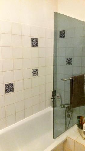 ヴィシーにあるChambre chez l'habitant et salle de bain communeのバスルーム(ガラスドア付きのシャワー付)