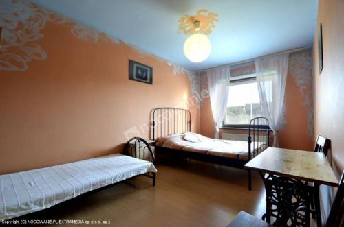 Habitación con 2 camas, mesa y ventana en Agroturystyka Sielana, en Kostrzyca