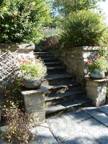 a set of stone stairs with two potted plants at Maison Baxter in Prats-de-Mollo-la-Preste
