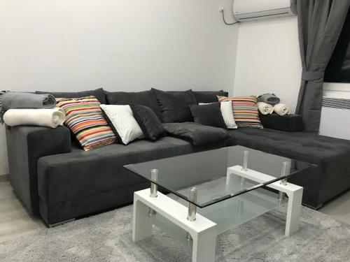 a living room with a black couch and a glass table at Apartman Danica No.2 in Banja Koviljača