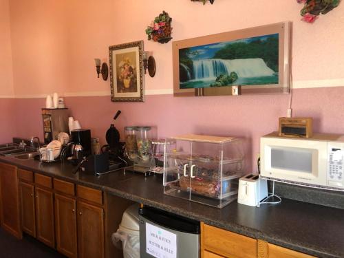 a kitchen counter with a microwave and a counter top at Executive Inn in McPherson