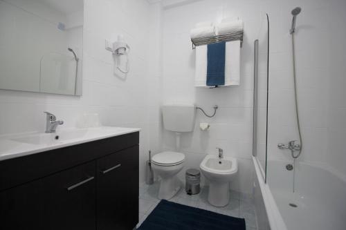 uma casa de banho com um WC, um lavatório e um chuveiro em Apartamentos Gaivota Holidays na Nazaré
