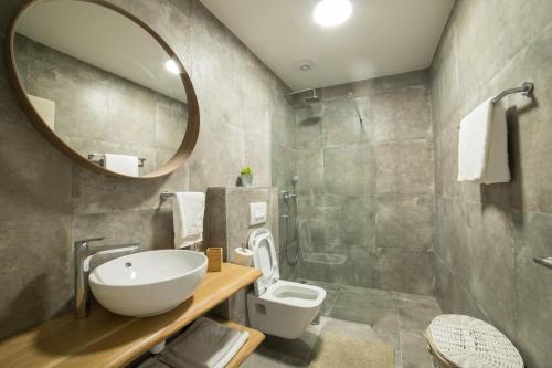 a bathroom with a sink and a toilet and a mirror at Villa Meereen in Klis