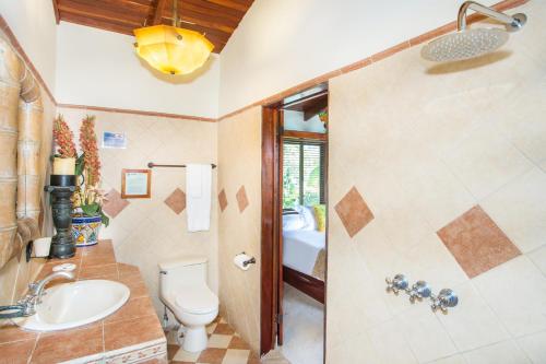 ein Bad mit einem WC, einem Waschbecken und einer Dusche in der Unterkunft Hotel Villas Nicolas - Adults Only in Manuel Antonio