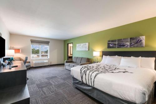 a hotel room with a large bed and a desk at Sleep Inn Baxley in Baxley