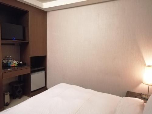 a bedroom with a bed and a flat screen tv at Shan-Yue Hotspring Hotel in Taipei
