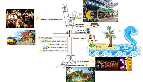 een kaart van de attracties van Disney World bij The Moon Hostel Huahin in Hua Hin