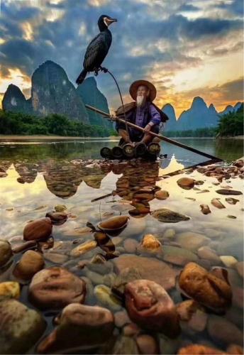a man is rowing a boat with a bird on it at Misty Wonderland ,Yangshuo Xingping in Yangshuo