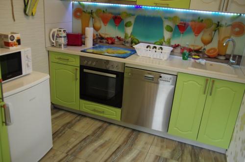 a kitchen with green cabinets and a dishwasher at Ferienwohnung " MILA" in Schwarzwald near Titisee in Oberbränd
