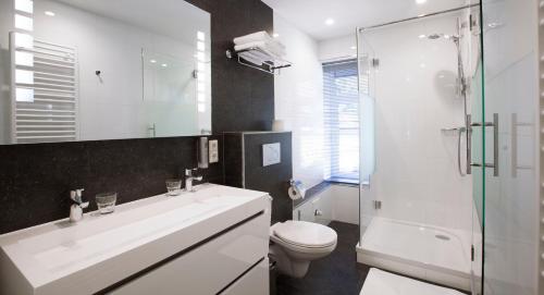 La salle de bains est pourvue d'un lavabo, de toilettes et d'une douche. dans l'établissement Hotel Café Restaurant De Ploeg, à Varsseveld