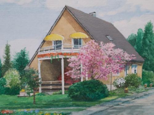 a painting of a house with a tree at Weissewolke in Bad Fallingbostel