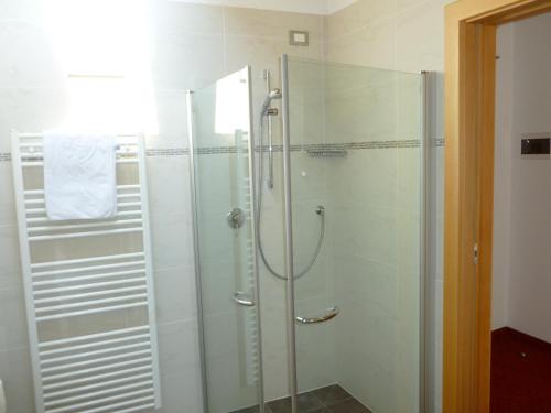 a shower with a glass door in a bathroom at Hotel Rotwand in Laives