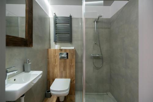 La salle de bains est pourvue d'une douche, de toilettes et d'un lavabo. dans l'établissement Chutor Nad Narwią, à Ploski