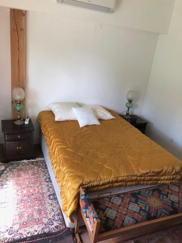 - un lit dans une chambre avec 2 tables de nuit et 2 lampes dans l'établissement Maison dans les Cévennes, à Saint-Hippolyte-du-Fort