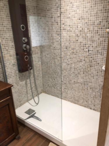 La salle de bains est pourvue d'une douche et d'une porte en verre. dans l'établissement Maison dans les Cévennes, à Saint-Hippolyte-du-Fort