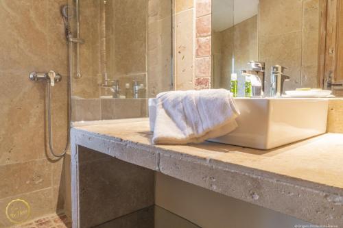 a bathroom with a sink and a shower at Les Garrigues de la Vallée des Baux in Paradou